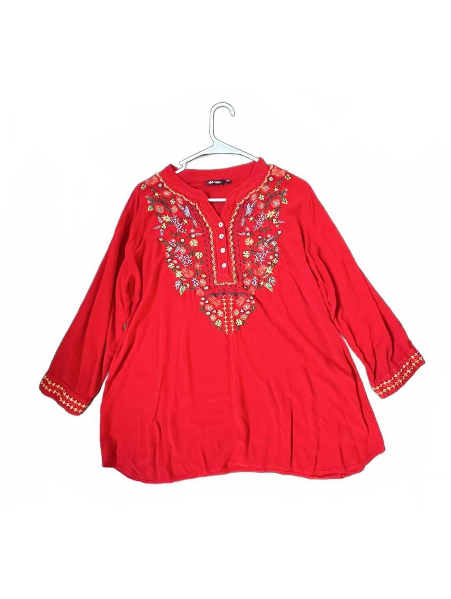 64 Sixty Five Brand Bogo Red Embroidered Blouse  Xxl